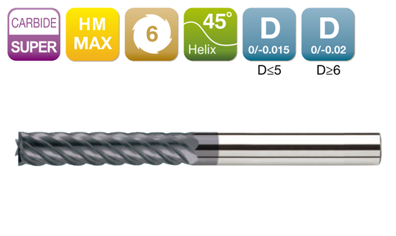 HM-MAX Long Flute Flat End Mill 6-Flute 45°