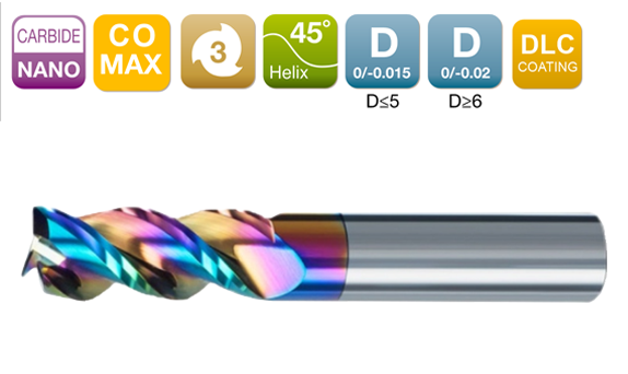 CO-MAX Long Flute Flat End Mill 3-Flute 45°