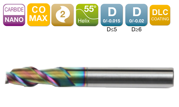 CO-MAX Long Flute Flat End Mill 2-Flute 55°