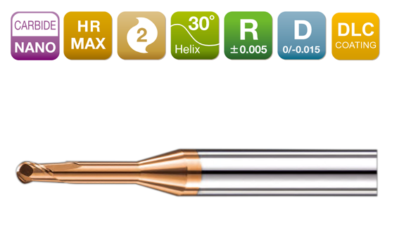 HR-MAX Long Neck Micro Ball End Mill 2-Flute 30°